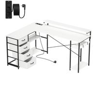 HOMCOM Escritorio en L Reversible con 4 Cajones de Tela 2 Enchufes y 2 Puertos USB Soporte para Monitor 155x112 cm Blanco