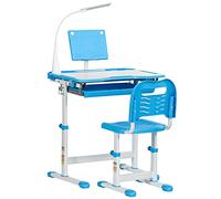 HOMCOM Escritorio Escolar con Silla para niños de 6 a 12 años, Altura Ajustable, Tablero inclinable 45° y lámpara LED, Acero y MDF, Azul