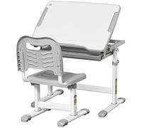 HOMCOM Escritorio escolar infantil 6-12 años Altura regulable, Juego de escritorio y silla infantil con tablero inclinable 45°, cajón, 2 portalápices y gancho, Gris