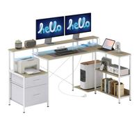 HOMCOM Escritorio Esquina con Tomas y Luces LED RGB 172x100cm Blanco | Escritorio computadora, soporte monitor, 2 cajones tela, soporte impresora, dormitorio, rincón trabajo