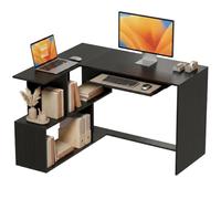 HOMCOM Escritorio esquinero, 120 x 100 x 76 cm, escritorio informático en L con bandeja de teclado, 4 compartimentos abiertos, estilo moderno, mesa de trabajo para casa, dormitorio, espacio pequeño