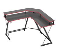 HOMCOM Escritorio Esquinero con Enchufes en Forma de L 128x128 cm con Soporte para Monitor Gancho y Portavasos Negro