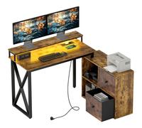 HOMCOM Escritorio Esquinero con Luces LED Escritorio en Forma de L con Estación de Carga 2 Compartimentos 2 Cajones de Tela Soporte para Monitor para Oficina en Casa Marrón Rústico