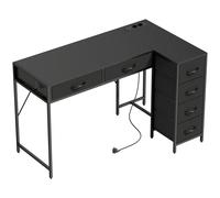 HOMCOM Escritorio Esquinero de 6 Cajones con Gancho Lateral y Tomas Integradas, en Madera y Acero, 126x48x80 cm, Negro