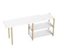 HOMCOM Escritorio Esquinero Plegable en L 150 cm con Estantes de Almacenamiento Marco de Bambú para Dormitorio Estudio Blanco