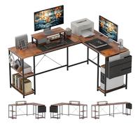 HOMCOM Escritorio esquinero reversible, 168-240 cm, escritorio de ordenador con estante ajustable, soporte de pantalla, ganchos y bolsa de almacenamiento, mesa informática para dormitorio o rincón de