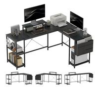 HOMCOM Escritorio esquinero reversible, 168-240 cm, escritorio de ordenador con estante ajustable, soporte de pantalla, ganchos y bolsa de almacenamiento, mesa informática para dormitorio o rincón de