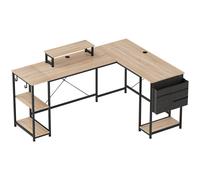 HOMCOM Escritorio Esquinero Reversible en L Largo 168-240 cm Industrial con Soporte Monitor y CPU Estantería Bolsillo Natural