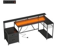 HOMCOM Escritorio Gaming Esquinero con Hub de Carga, Luces LED y Soporte para Monitor, en Madera y Acero, 192.5x80x86.5 cm, Negro
