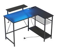 HOMCOM Escritorio Gaming Esquinero con LED, Tomas Eléctricas, Soporte para Monitor y Estantería, Negro Aosom España