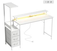 HOMCOM Escritorio Gaming Mesa para Ordenador con Soporte de CPU Regulable y Reversible, Luces RGB, Puertos USB Soporte para Monitor y 3 Cajones de Tela 147x47x130 cm Blanco Aosom España