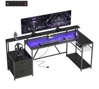 HOMCOM Escritorio Gaming Reversible en Forma de L con LED, 192,5 cm Escritorio Angular con enchufes eléctricos, Soporte para Monitor y CPU, 2 cajones de Tela para Documentos A4/legales, para casa,