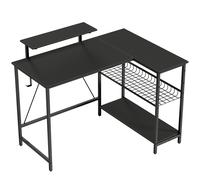 HOMCOM Escritorio gaming reversible, escritorio gaming de esquina, soporte para monitor, estantería de malla ajustable, 114,5x82x91,5cm, negro