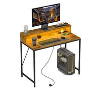 HOMCOM Escritorio Industrial Mesa Escritorio con Luces LED Tomas de Corriente Soporte para Monitor y Control Remoto Mesa de Ordenador para Oficina Estudio 100x50x90,5 cm Marrón Rústico