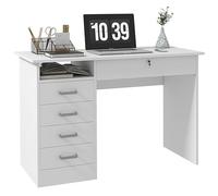 HOMCOM - Escritorio informático moderno con bandeja grande, 5 cajones, 1 bloqueable, compartimento abierto, mesa de ordenador, 110 x 50 x 76 cm, color blanco