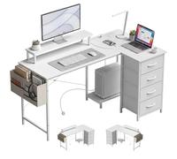 HOMCOM Escritorio L Reversible con cajones Puertos USB 150x80 cm Blanco | Escritorio de esquina para ordenador, tomas corriente, estante monitor, estación oficina, soporte PC, gaming, estudio