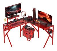 HOMCOM - Escritorio para juegos, escritorio esquinero, escritorio, 125 x 125 cm, en forma de L, con bandeja de fibra de carbono, soporte de pantalla, soporte para vasos y gancho para casco, color rojo