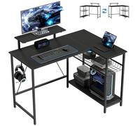 HOMCOM - Escritorio para juegos reversible (114,5 x 82 cm, escritorio para juegos de esquina con soporte para pantalla y estante de malla ajustable, mesa de ordenador para estudiar, jugar y trabajar