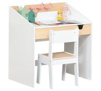 HOMCOM Escritorio para Niños con Silla 3-6 Años 2 Piezas Blanco y Natural | Pupitre Infantil, con Cajón y Estantes de Libros, Escritorio Infantil, para Estudio y Dormitorio