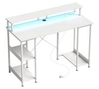 HOMCOM Escritorio para Ordenador Reversible con Estantes 120x50 cm Tomas de Corriente y Luces LED Blanco Efecto Madera Aosom España