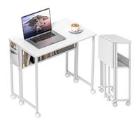HOMCOM Escritorio Plegable con Ruedas y Estante, Mesa Escritorio Compacta con Bolsillo de Almacenaje, Mesa de Ordenador Portátil para Casa, Oficina, Espacios Pequeños, 80x50x75 cm, Blanco