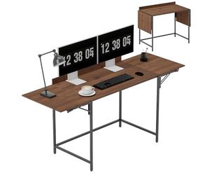 HOMCOM Escritorio Plegable Mesa de Ordenador 170 x 58 cm Escritorio de Madera Moderno con 2 Solapas Plegables para 2 Pantallas, estación de Trabajo para Dormitorio, Espacios pequeños, Nogal