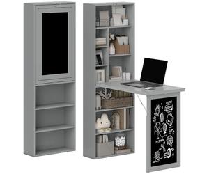 HOMCOM Escritorio Plegable para Ordenador, Escritorio con almacenaje, Mesa de Pared Plegable con librería, estación de Trabajo, Pizarra y Estante Ajustable, Gris Oscuro
