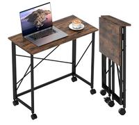 HOMCOM Escritorio plegable pequeño de 80 cm, escritorio plegable con ruedas para espacio pequeño, fácil montaje, mesa de escritura que ahorra espacio para oficina en casa, dormitorio, color marrón