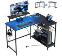 HOMCOM Escritorio Reversible para Gaming en Forma de L con LED, 114,5 x 82 cm Escritorio Angular con enchufes eléctricos, Soporte para Monitor y estantes Ajustables de Malla, estación de Gaming para