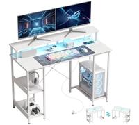 HOMCOM Escritorio Reversible para Ordenador 120 x 50 cm, Mesa de Oficina con Enchufes y Luces LED, Soporte Doble para Monitor, Blanco Veteado