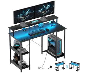 HOMCOM Escritorio Reversible para Ordenador, 120x50 cm Escritorio de Oficina con Tomas de Corriente y Luces LED, Mesa de Estudio para PC con Soporte Doble para Monitor, Negro