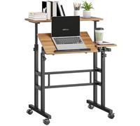 HOMCOM Escritorio Sentado-de pie Ajustable en Altura 70x60cm Marrón | Escritorio ordenador sobre ruedas, superficie inclinable, estación de trabajo para dormitorio, espacios pequeños