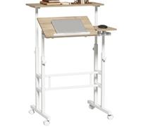 HOMCOM Escritorio sentado de pie, escritorio regulable en altura 70 x 60 cm, mesa de ordenador con ruedas con bandeja reclinable, estación de trabajo para dormitorio, espacios pequeños, color marrón