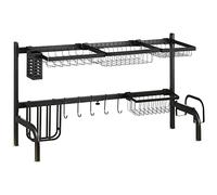HOMCOM Escurreplatos de Rejilla, escurreplatos de 2 Niveles, escurreplatos de 51-93 cm con Gancho, escurreplatos para Fregadero, Acero, Negro