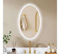 HOMCOM Espejo de baño con iluminación LED 80 x 50 cm, espejo de pared ovalado, antivaho, 3 colores de luz, regulable, con memoria, retroiluminación y frontal, vidrio templado, sensor