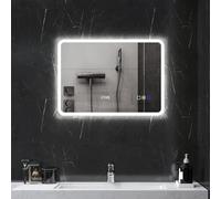 HOMCOM Espejo de Baño con Luz LED Bluetooth 70x50 cm Espejo de Pared con 3 Colores de Luz Reloj Digital Función Antivaho Función de Memoria Interruptor Táctil IP44