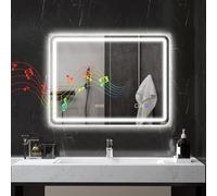 HOMCOM Espejo de Baño con Luz LED 80x60 cm Bluetooth Espejo de Pared con 3 Colores de Luz Reloj Digital Brillo Ajustable Función Antivaho Función de Memoria Interruptor Táctil IP44