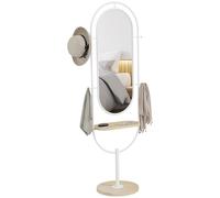 HOMCOM Espejo de Cuerpo Entero 175,5x50 cm con Bandeja de Madera y 4 Ganchos Espejo de Pie con Marco de Metal para Dormitorio Salón Blanco