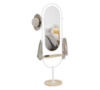Homcom espejo de cuerpo entero 175,5x50 cm espejo de pie con bandeja de madera 4 ganchos y marco de metal para salón dormitorio blanco 50 cm