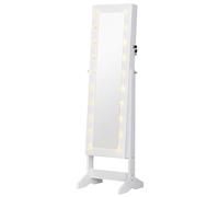HOMCOM Espejo Joyero con 20 Luces LED Armario Joyero Reclinable con Guardajoyas Anillos Pendientes Collares Cerradura y Llaves 40x37x146 cm Blanco