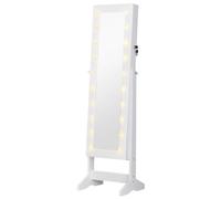 HOMCOM Espejo Joyero con 20 Luces LED Reclinable 40x37x146 cm Blanco | Armario Joyero, Guardajoyas para Anillos Pendientes Collares, Cerradura y Llaves