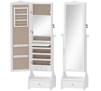 HOMCOM Espejo Joyero con Luces LED Armario Joyas con Espejo Entero de Ángulo Ajustable Cajones Mesa Interior Plegable Blanco