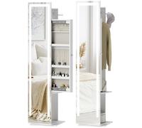 HOMCOM Espejo Joyero con Luces LED, Armario Joyero con Espejo de Cuerpo Entero sin Marco, Armario para Joyas Giratorio 360° con Estantes Abiertos, Perchero y Barras para Colgar, Blanco y Forro Beige