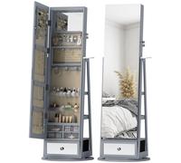 HOMCOM Espejo Joyero con Luces LED Armario Joyero con Espejo Entero Giratorio de 360° Cajón Cerradura Gris Claro