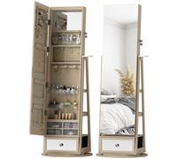 HOMCOM Espejo Joyero con Luces LED Armario Joyero con Espejo Entero Giratorio de 360° Cajón Cerradura Natural