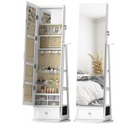 HOMCOM Espejo Joyero con Luces LED Armario Joyero con Espejo Entero Giratorio de 360° Cajón Cerradura Blanco