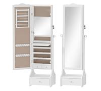 HOMCOM Espejo Joyero con Luces LED, Armario para Joyas, Armario Joyero con Espejo Entero de Ángulo Ajustable, Cajones, Mesa Interior Plegable, Cerradura, Luces Apagado Automático, Blanco y Forro Beige