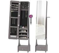 HOMCOM Espejo Joyero con Luces LED, Armario para Joyas, Armario Joyero con Espejo Entero de Ángulo Ajustable, Cajón, Interruptor Táctil, Luces Apagado Automático, Soporte para Secador, Gris