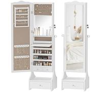 HOMCOM Espejo Joyero con Luces LED, Armario para Joyas, Armario Joyero con Espejo Entero de Ángulo Ajustable, Cajones, Mesa Interior Plegable, Cerradura, Luces Apagado Automático, Blanco y Forro Beige