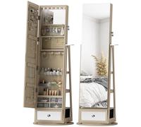 HOMCOM Espejo Joyero con Luces LED, Armario para Joyas, Armario Joyero con Espejo Entero, Giratorio de 360°, Cajón, Cerradura, Estantes Abiertos, Soporte para Secador, Natural